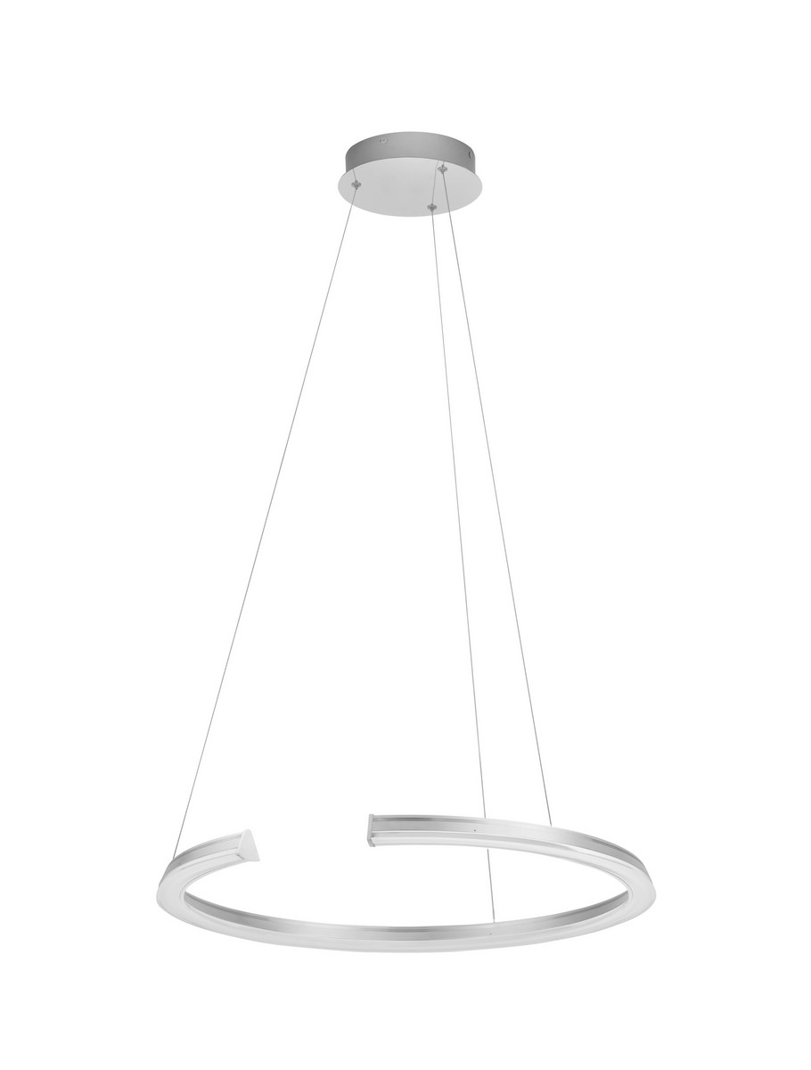 Lampa wisząca Orinoco w kolorze srebrnym z pojedynczym źródłem światła LED o mocy 48W. Okrągły kształt, zawieszona na cienkich linkach, montowana na suficie, z minimalistycznym designem. Tło białe, co podkreśla elegancję lampy.