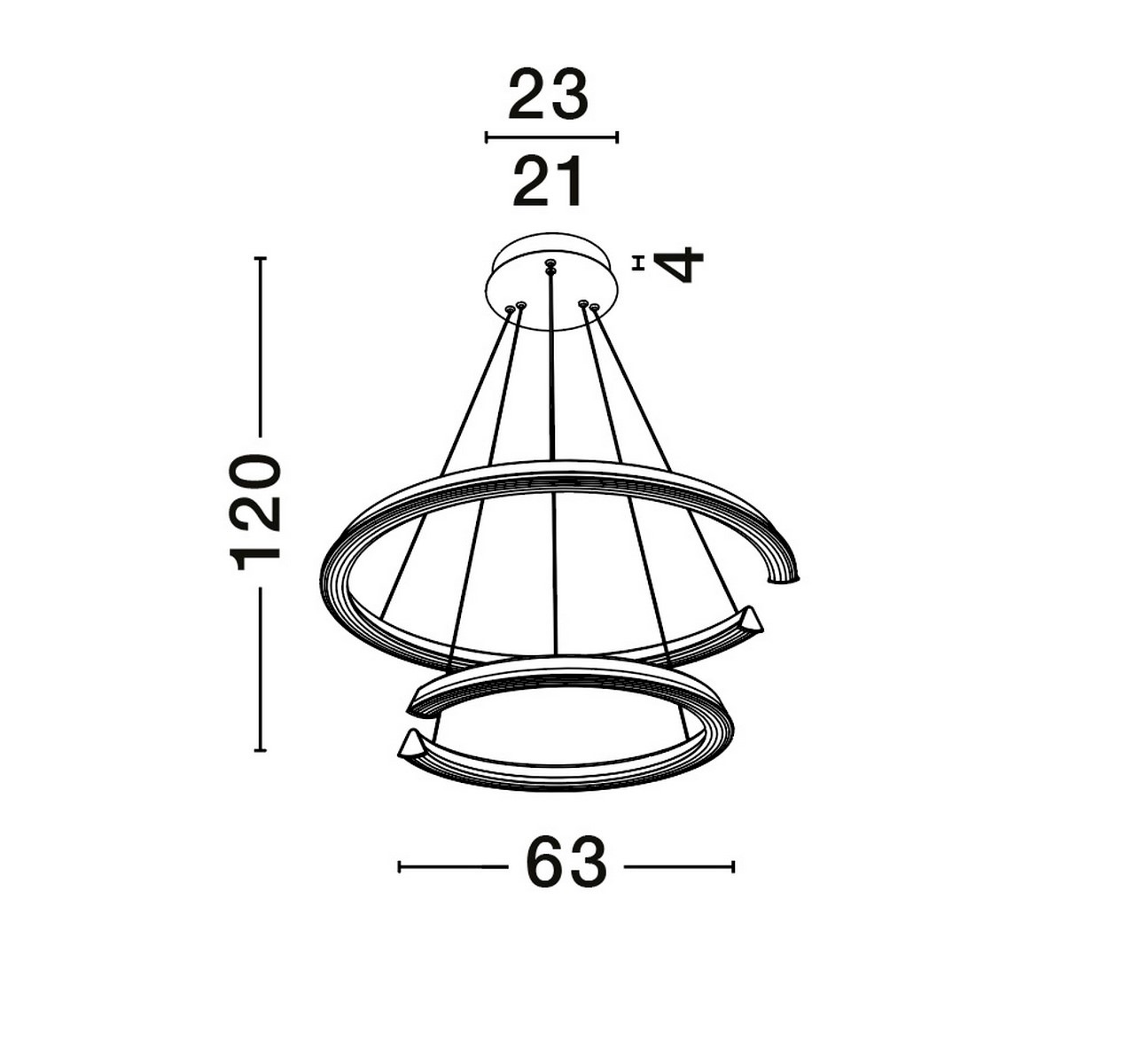 Lampa wisząca Orinoco 2xLED 70W w kolorze srebrnym, o nowoczesnym, okrągłym kształcie. Zawieszona na trzech linkach, z dwoma pierścieniami o średnicach 63 cm i 21 cm. Wymiary całkowite: wysokość 120 cm, szerokość 63 cm.