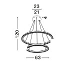 Lampa wisząca Orinoco 2xLED 70W w kolorze srebrnym, o nowoczesnym, okrągłym kształcie. Zawieszona na trzech linkach, z dwoma pierścieniami o średnicach 63 cm i 21 cm. Wymiary całkowite: wysokość 120 cm, szerokość 63 cm.