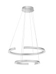 Lampa wisząca Orinoco z dwoma okrągłymi elementami LED o mocy 70W, srebrna. Zawieszona na cienkich linkach, z okrągłym mocowaniem sufitowym. Nowoczesny design z minimalistycznym kształtem, idealna do współczesnych wnętrz.