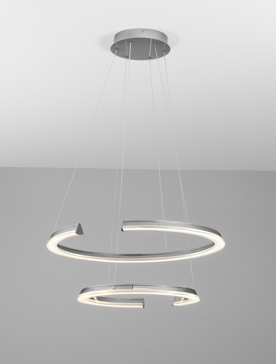 Lampa wisząca Orinoco 2xLED 70W w kolorze srebrnym. Składa się z dwóch okrągłych pierścieni, zawieszonych na cienkich linkach. Oświetlenie LED wzdłuż krawędzi pierścieni zapewnia nowoczesne doświetlenie. Montaż sufitowy, minimalistyczny design.