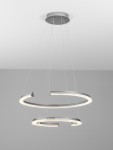 Lampa wisząca Orinoco 2xLED 70W w kolorze srebrnym. Składa się z dwóch okrągłych pierścieni, zawieszonych na cienkich linkach. Oświetlenie LED wzdłuż krawędzi pierścieni zapewnia nowoczesne doświetlenie. Montaż sufitowy, minimalistyczny design.