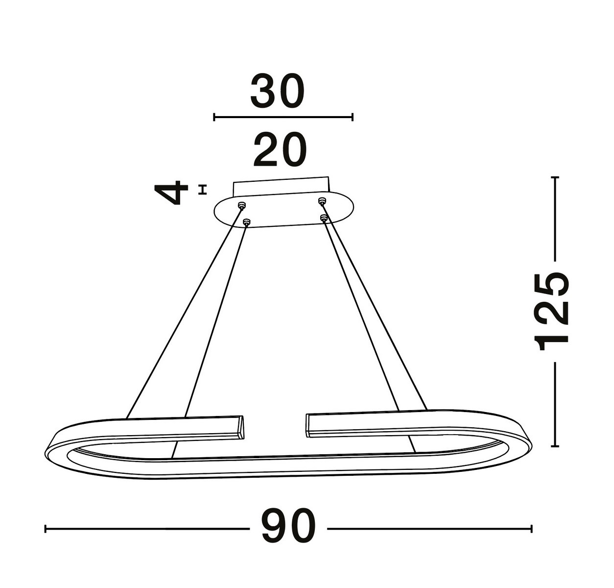 Lampa wisząca Orinoco 1xLED 48W w kolorze srebrnym. Owalny kształt, wymiary: długość 90 cm, szerokość 30 cm, wysokość 125 cm. Wisi na dwóch sznurkach, z płaskim mocowaniem sufitowym. Prosta forma bez dodatkowych zdobień.
