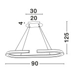 Lampa wisząca Orinoco 1xLED 48W w kolorze srebrnym. Owalny kształt, wymiary: długość 90 cm, szerokość 30 cm, wysokość 125 cm. Wisi na dwóch sznurkach, z płaskim mocowaniem sufitowym. Prosta forma bez dodatkowych zdobień.