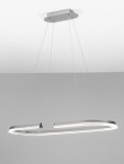 Lampa wisząca Orinoco 1xLED 48W w kolorze srebrnym, o nowoczesnym, minimalistycznym kształcie. Zawieszona na cienkich żyłkach, z owalnym kloszem emitującym światło. Montaż na suficie, w tle jednolite, jasne tło.