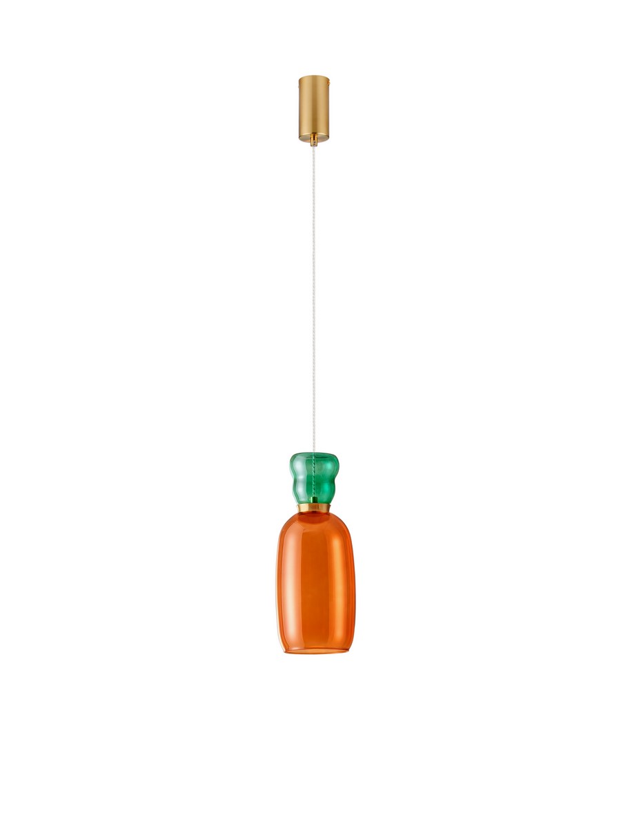 Lampa wisząca Perene z jednym źródłem LED 9W, w kolorze złotym i pomarańczowym. Klosz ma kształt butelki z zielonym detalem na górze, zawieszony na białym przewodzie. Prosta, nowoczesna konstrukcja, idealna do wnętrz.