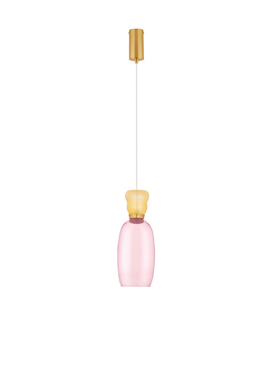 Lampa wisząca Perene z jedną żarówką LED 9W. Klosz w delikatnym różowym kolorze, z górną złotą częścią. Kształt zaokrąglony, zawieszona na cienkim, białym przewodzie. Prosta instalacja, nowoczesny design.