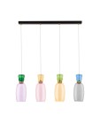 Lampa wisząca Perene z czterema kolorowymi kloszami (fioletowy, różowy, żółty, zielony) na czarnej konstrukcji. Klosze mają różne kształty, zawieszone na białych linkach. Wymiary: 32W, idealna do nowoczesnych wnętrz.