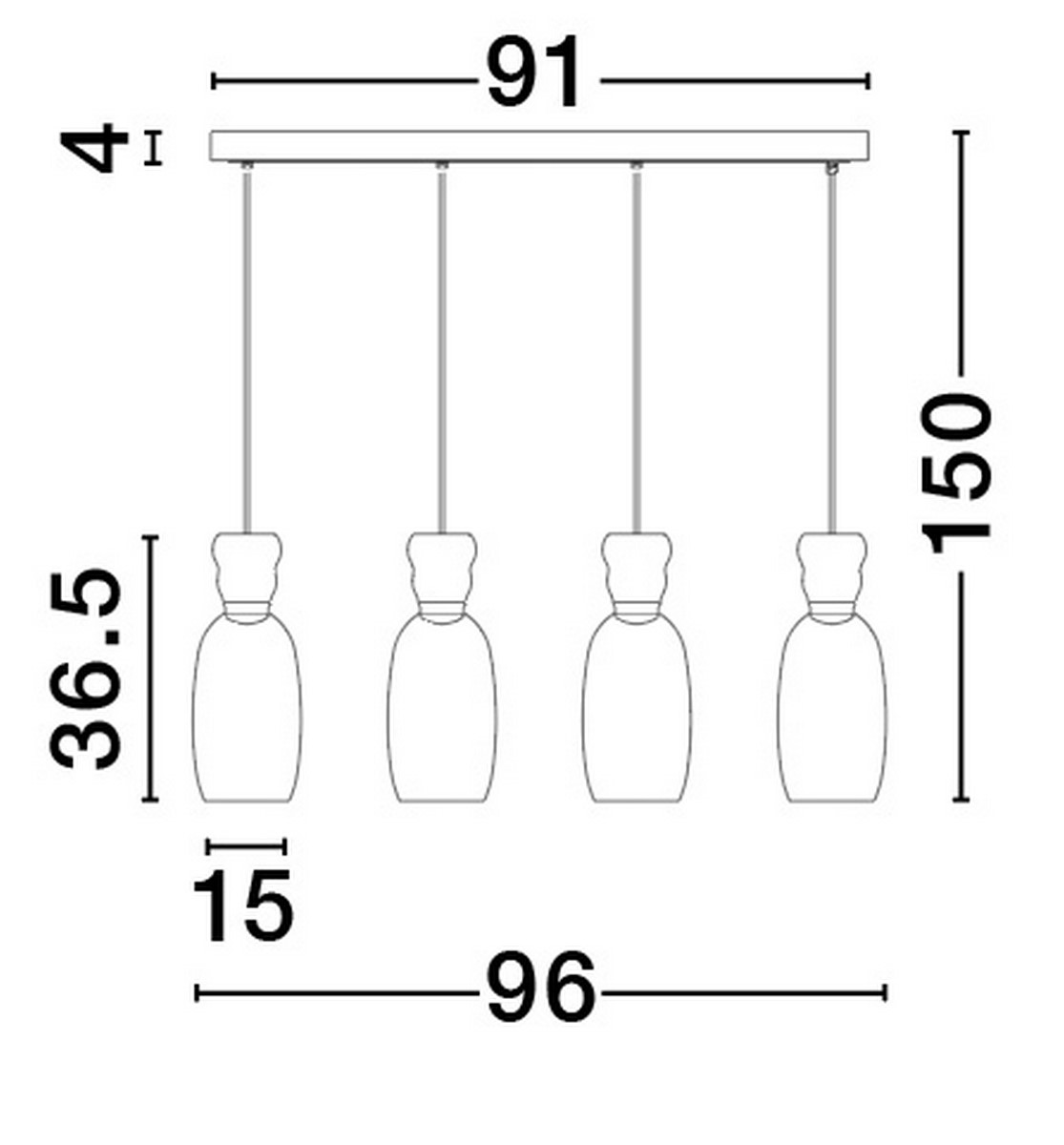 Lampa wisząca Perene z 4 kloszami LED, czarna, multikolor. Ułożona poziomo z 4 szklanymi kloszami na długich zwisach, szerokość 91 cm, wysokość 150 cm. Prosta konstrukcja z metalowym stelażem.