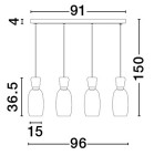 Lampa wisząca Perene z 4 kloszami LED, czarna, multikolor. Ułożona poziomo z 4 szklanymi kloszami na długich zwisach, szerokość 91 cm, wysokość 150 cm. Prosta konstrukcja z metalowym stelażem.