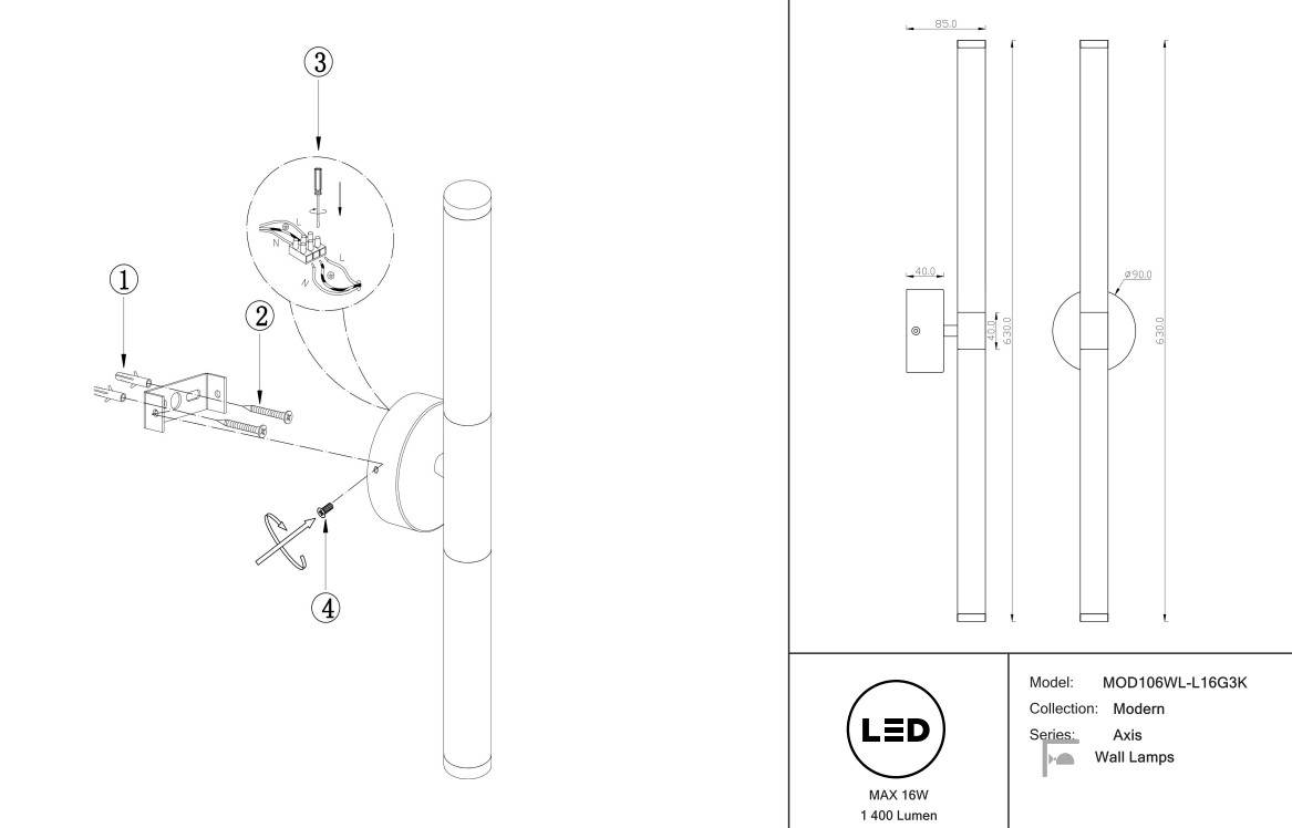 Kinkiet LED Axis 1-punktowy w kolorze złotym, o cylindrycznym kształcie. Zawiera okrągłą podstawę montażową. Wymiary: wysokość 63 cm, średnica 9 cm. Przeznaczony do montażu na ścianie, idealny do nowoczesnych wnętrz.