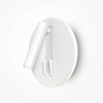 Biały kinkiet LED Ios 176 z dwoma punktami świetlnymi, zamontowany na okrągłej podstawie. Jedna z lamp w ruchomej pozycji, widoczne elementy montażowe. Tło jednolite, co podkreśla prosty design produktu.