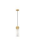 Lampa wisząca Saipina z pojedynczym źródłem światła E27, z metalowym złotym kloszem i marmurowym, białym cylindrem. Ułożona pionowo, zawieszona na czarnym kablu, z okrągłym złotym mocowaniem na górze. Proste tło podkreśla elegancję lampy.