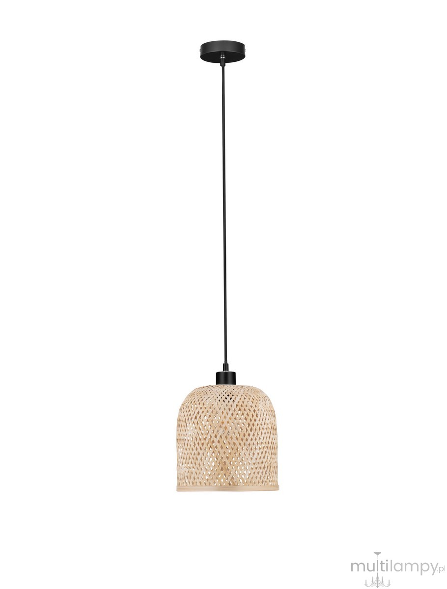 Lampa wisząca Talitas z kloszem w jasnym kolorze, wykonanym z plecionej wikliny, zawieszona na czarnym, metalowym przewodzie. Klosz ma okrągły kształt z ażurowym wzorem, idealna do nowoczesnych wnętrz.