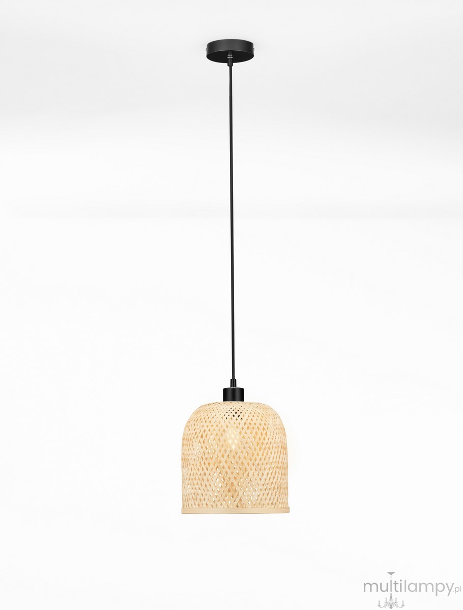 Lampa wisząca Talitas z czarnym wykończeniem, z kloszem z naturalnego materiału w jasnym kolorze. Posiada mocowanie sufitowe, długi kabel i miejsce na żarówkę E27. Kształt klosza: zaokrąglony, z dekoracyjnym wzorem.