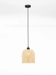 Lampa wisząca Talitas z czarnym wykończeniem, z kloszem z naturalnego materiału w jasnym kolorze. Posiada mocowanie sufitowe, długi kabel i miejsce na żarówkę E27. Kształt klosza: zaokrąglony, z dekoracyjnym wzorem.