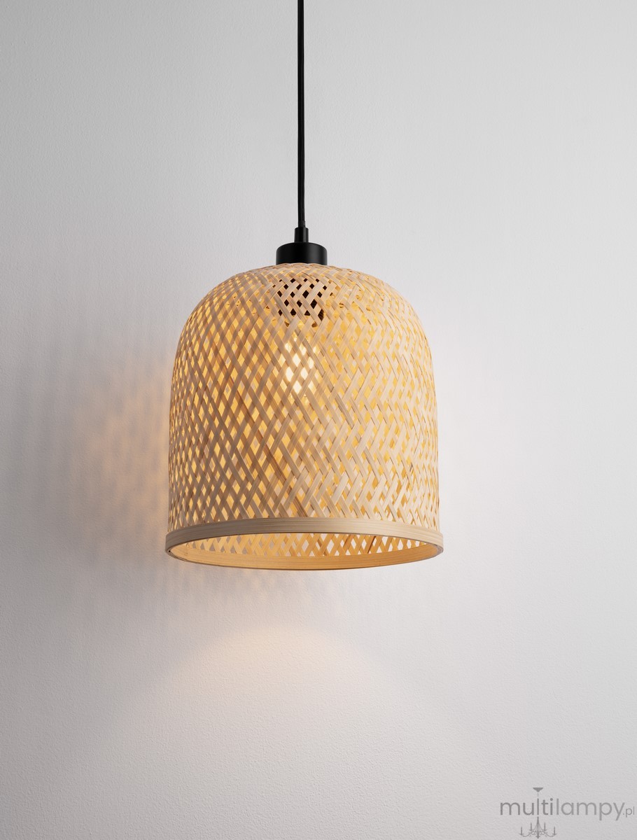 Lampa wisząca Talitas 1xE27 w kolorze czarnym, z okrągłym kloszem z jasnego, plecionego materiału. Ujęcie z góry, pokazujące detal wzoru plecionki oraz źródło światła wewnątrz klosza. Tło białe, minimalistyczne.
