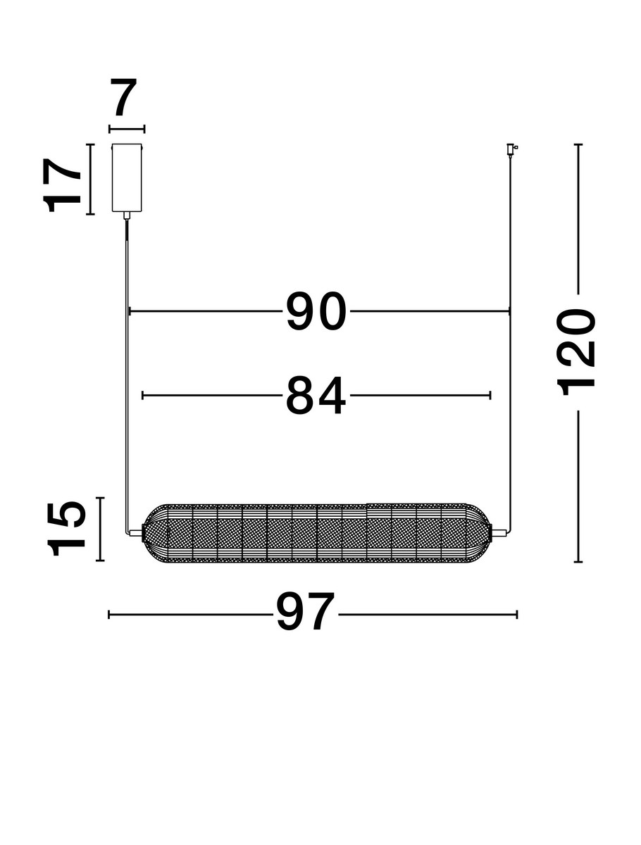 Lampa wisząca Tipuani 1xLED 40W w kolorze złotym. Kształt prostokątny, z siatkowymi detalami. Wymiary: długość 97 cm, szerokość 15 cm, wysokość 17 cm. Zawieszona na cienkim przewodzie, idealna do nowoczesnych wnętrz.