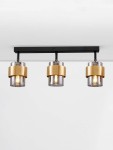 Lampa sufitowa Vieja z trzema oprawami E27 w kolorze czarnym. Każda oprawa ma złote wykończenie i przezroczystą osłonę, zamontowana na prostokątnej podstawie. Produkt zawieszony równolegle do sufitu, na jasnym tle.