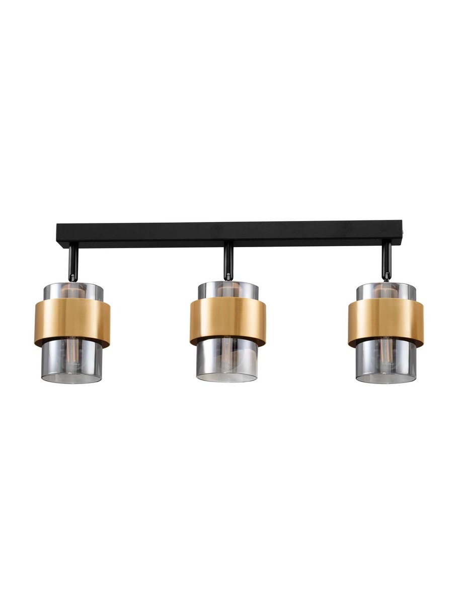 Lampa sufitowa Vieja, czarna, z trzema kloszami w kolorze złotym i przezroczystym, zamontowana na prostokątnej podstawie. Klosze mają cylindryczny kształt, z widocznymi źródłami światła E27. Produkt wisi w poziomie, na białym tle.