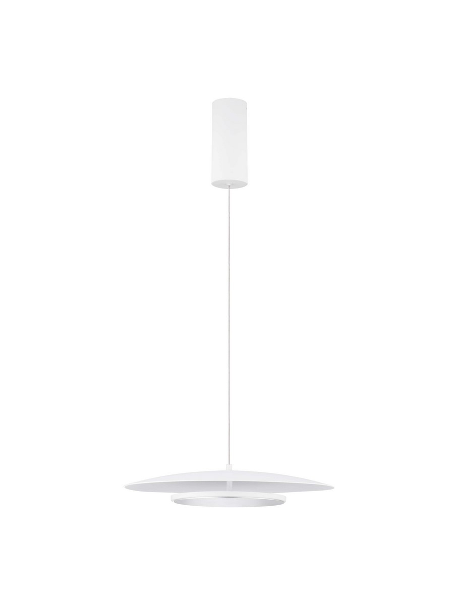 Lampa wisząca Vitichi 1xLED 37W w kolorze białym, o kształcie aerodynamicznym z płaską podstawą i cylindrycznym kloszem. Zawieszona na cienkim przewodzie, prezentuje minimalistyczny design na jasnym tle.