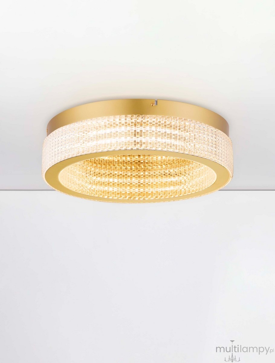 Złota lampa sufitowa Yotau z jednym źródłem LED o mocy 46W, okrągła konstrukcja z przezroczystymi kryształkami, montowana na suficie, z delikatnym, eleganckim wykończeniem. Idealna do nowoczesnych wnętrz.