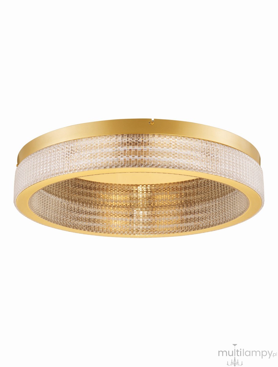 Złota lampa sufitowa Yotau z jedną żarówką LED 70W, okrągła, z przezroczystymi akcentami. Ujęcie frontalne, z widoczną metalową ramą oraz dekoracyjną siatką, tworzącą efektowne oświetlenie. Idealna do nowoczesnych wnętrz.
