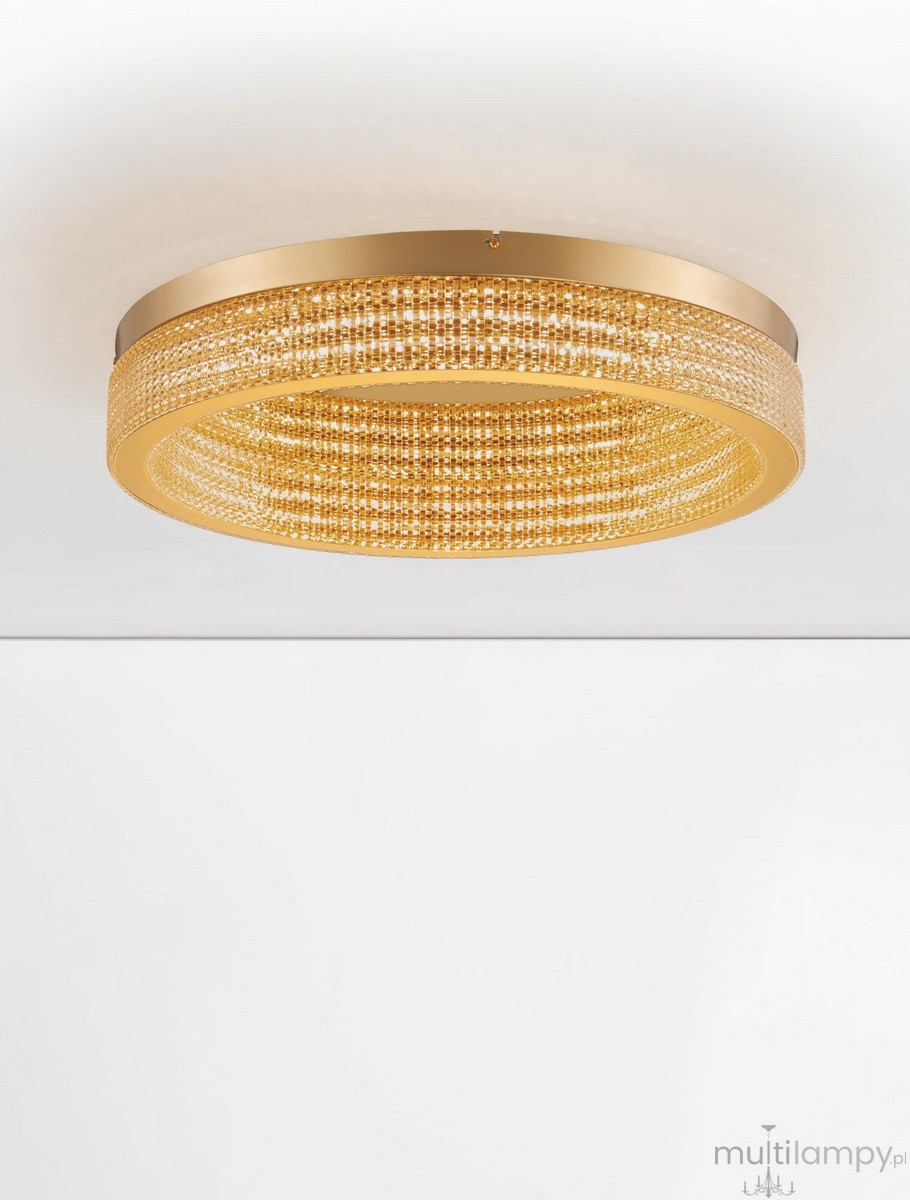 Złota lampa sufitowa Yotau z jedną diodą LED 70W, okrągła konstrukcja z efektem kryształowych koralików, zamontowana na suficie. Wysokiej jakości metalowy materiał, elegancki design, idealna do nowoczesnych wnętrz.