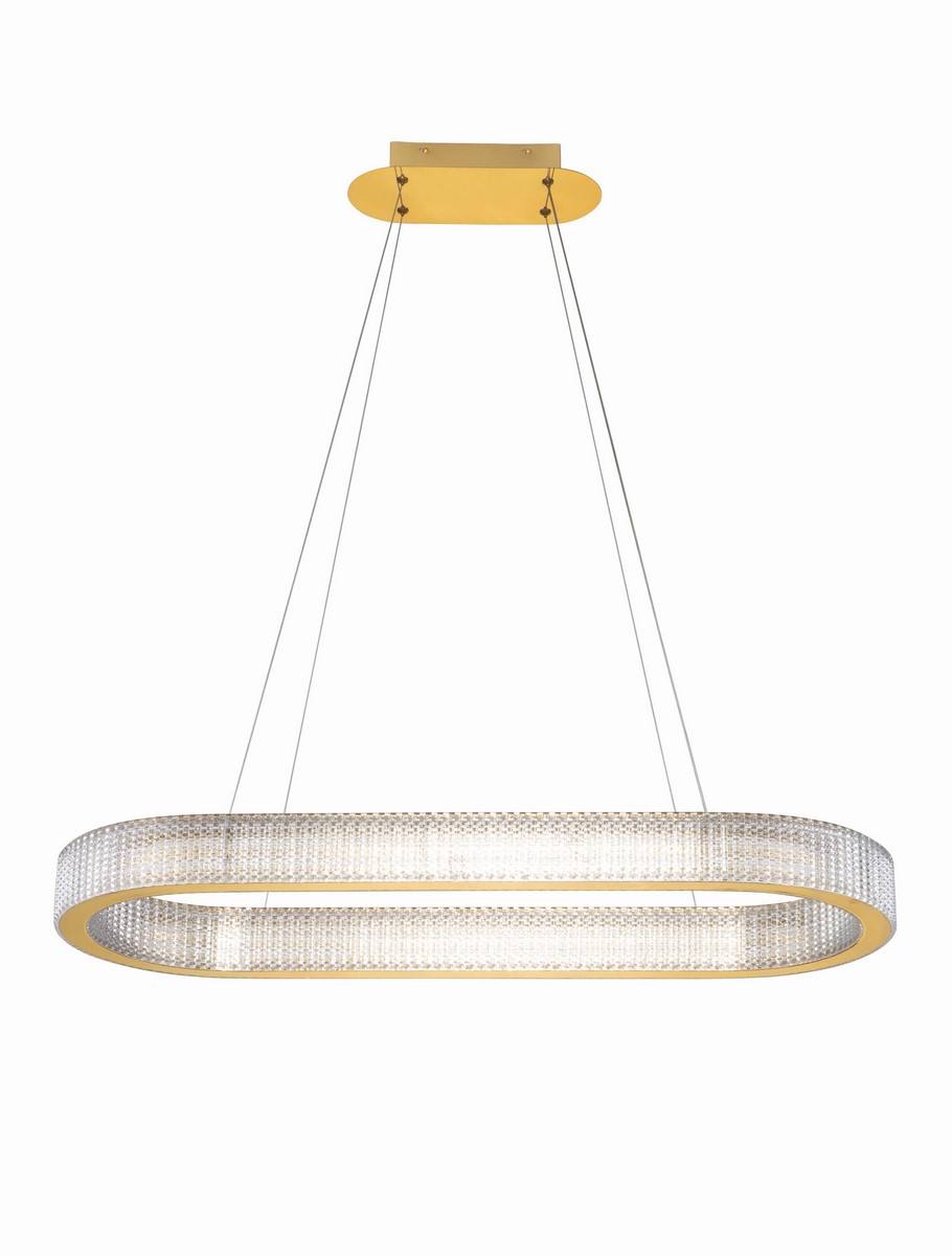Złota lampa wisząca Yotau z LED 70W, o owalnym kształcie. Wykonana z przezroczystego materiału z drobnym wzorem, wisi na cienkich linkach. Umożliwia eleganckie oświetlenie wnętrz, idealna do nowoczesnych aranżacji.