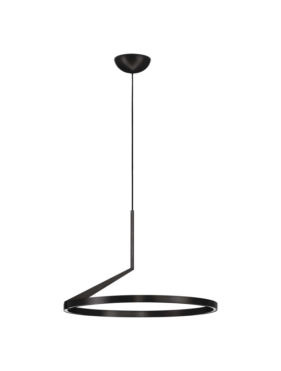 Lampa wisząca Zudanez 1xLED 31W CCT w kolorze czarnym, o minimalistycznym designie. Ujęcie z boku, pokazujące okrągłą oprawę i cienki zwis. Umożliwia regulację wysokości, idealna do nowoczesnych wnętrz. Tło białe.