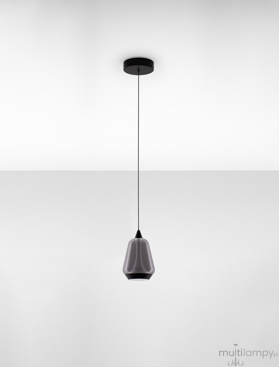 Lampa wisząca Rorizno z czarnym mocowaniem i przydymionym szarym kloszem, o kształcie przypominającym stożek. Zawieszona na cienkim przewodzie, idealna do nowoczesnych wnętrz. Wbudowane źródło światła LED 8W.