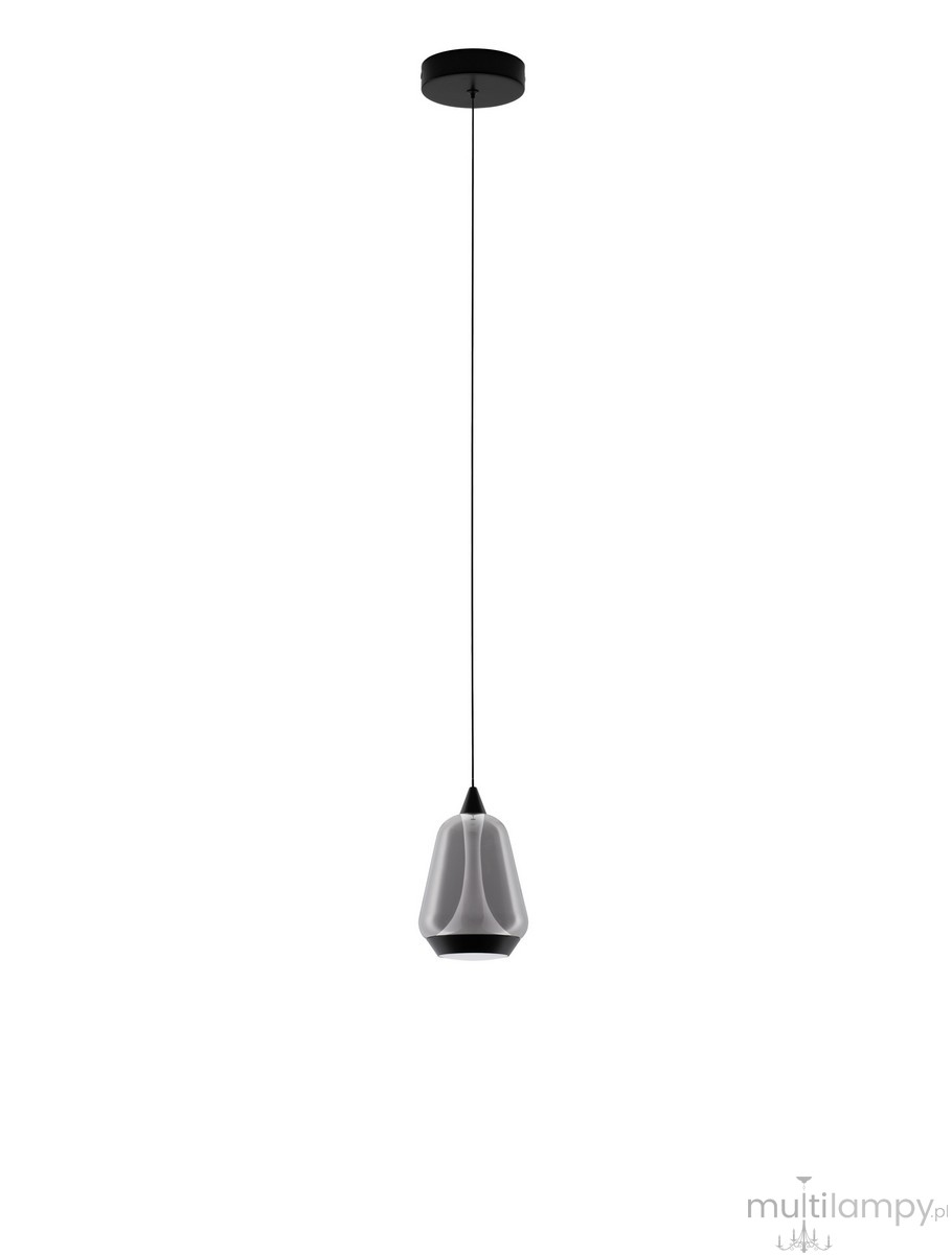 Lampa wisząca Rorizno z czarnym stelażem i przydymionym szarym kloszem. Okrągła podsufitka, zwis o długości przewodu. Kształt klosza lekko zaokrąglony, z widocznymi przetłoczeniami. Wbudowane źródło LED 8W. Tło jednolite, białe.