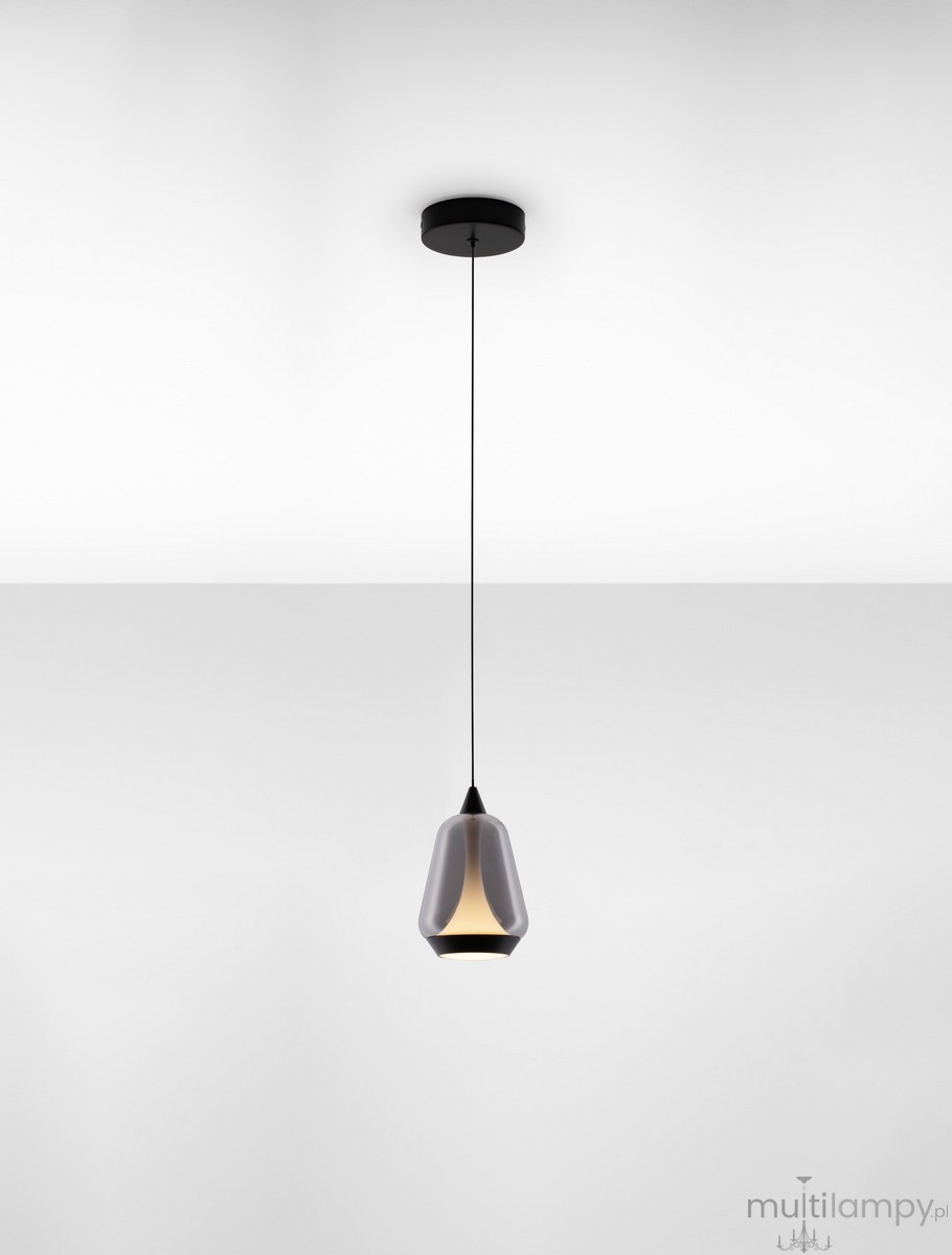 Lampa wisząca Rorizno z przydymionym szarym kloszem, czarnym wykończeniem i jednym źródłem światła LED 8W. Zawieszona na cienkim przewodzie, w minimalistycznym stylu, idealna do nowoczesnych wnętrz.
