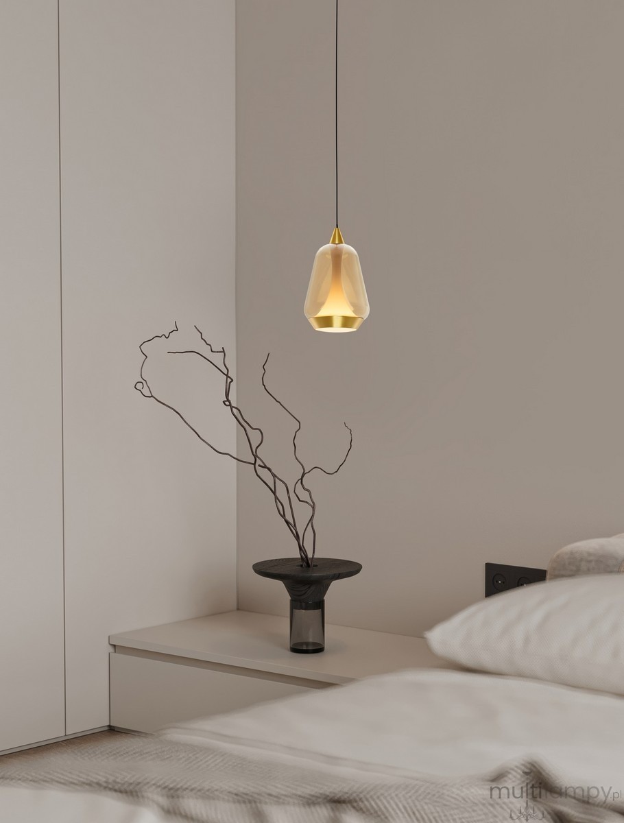 Lampa wisząca Rorizno 1xLED 8W w kolorze czarnym z elementami szampańskimi. Ma kształt stożka z przezroczystym kloszem i złotym detalem u góry. Zawieszona na czarnym przewodzie, w tle widoczny stół z ciemnym wazonem i gałęzią.