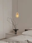 Lampa wisząca Rorizno 1xLED 8W w kolorze czarnym z elementami szampańskimi. Ma kształt stożka z przezroczystym kloszem i złotym detalem u góry. Zawieszona na czarnym przewodzie, w tle widoczny stół z ciemnym wazonem i gałęzią.