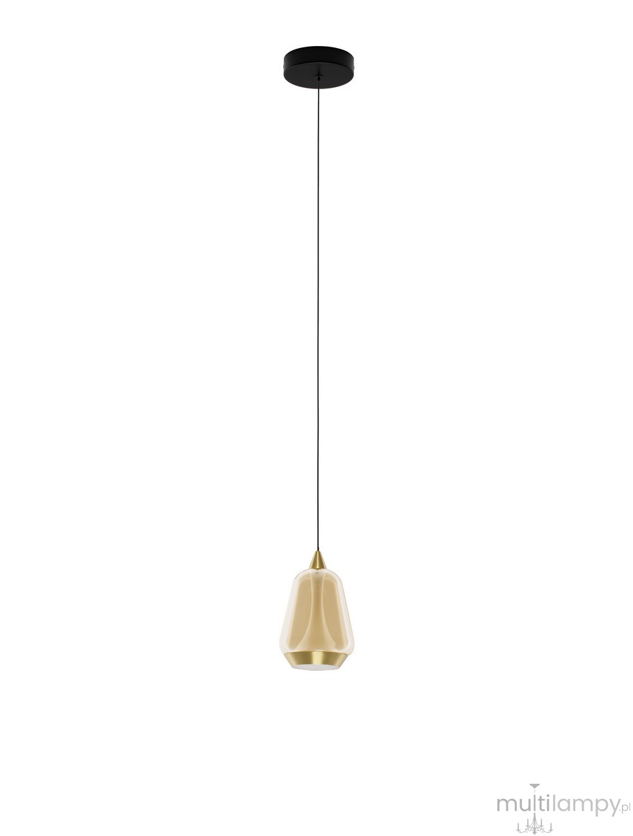 Lampa wisząca Rorizno 1xLED 8W w kolorze czarnym z szampańskim kloszem. Kształt klosza przypomina łezkę, zawieszona na cienkim przewodzie, z metalowym wykończeniem u góry. Tło białe, co podkreśla elegancki design lampy.