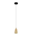 Lampa wisząca Rorizno 1xLED 8W w kolorze czarnym z szampańskim kloszem. Kształt klosza przypomina łezkę, zawieszona na cienkim przewodzie, z metalowym wykończeniem u góry. Tło białe, co podkreśla elegancki design lampy.