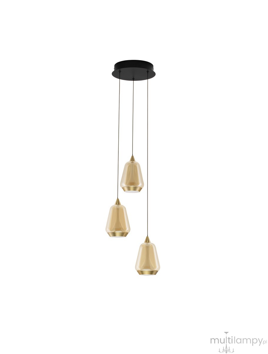 Lampa wisząca Rorizno z trzema kloszami w kolorze szampańskim, zawieszona na cienkich linkach z czarnym mocowaniem sufitowym. Klosze mają geometryczny kształt, z połyskującą powierzchnią i złotymi wykończeniami.