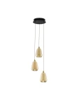 Lampa wisząca Rorizno z trzema kloszami w kolorze szampańskim, zawieszona na cienkich linkach z czarnym mocowaniem sufitowym. Klosze mają geometryczny kształt, z połyskującą powierzchnią i złotymi wykończeniami.