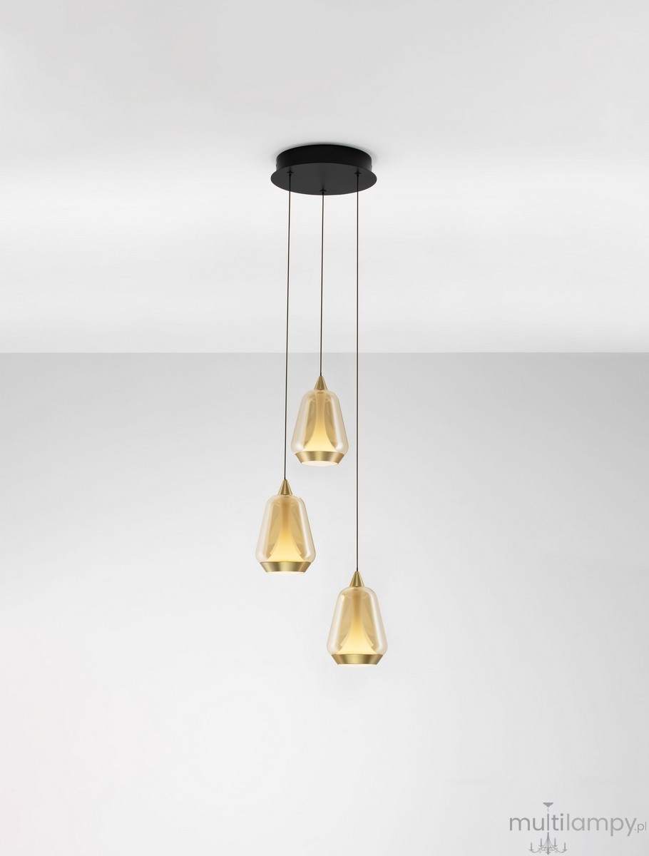 Lampa wisząca Rorizno z trzema kloszami LED 24W w kolorze czarnym i szampańskim. Klosze mają geometryczny kształt, zawieszone na cienkich linkach. Ujęcie z góry, na jednolitym tle.