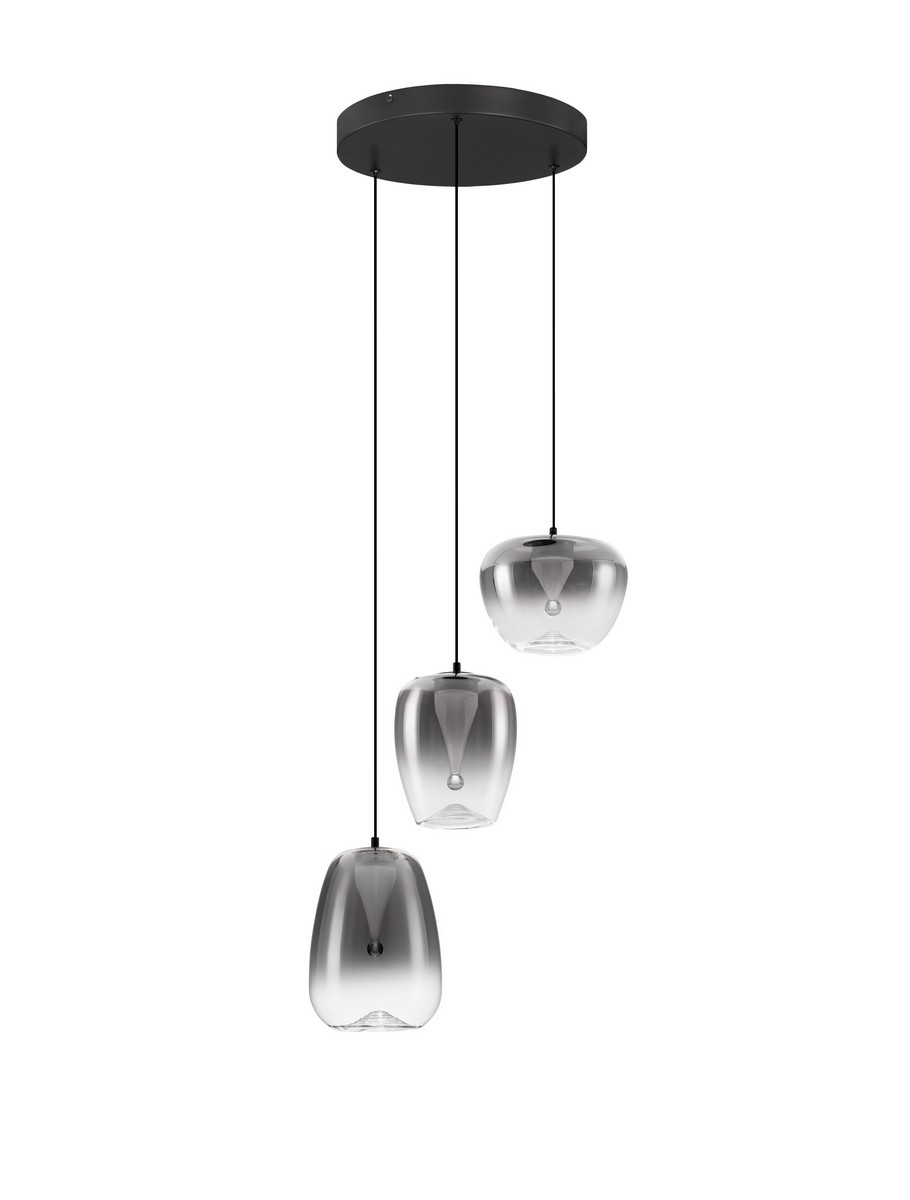 Lampa wisząca Jarevia z trzema kloszami LED 10W w kolorze czarnym i przydymionym szarym. Klosze mają zaokrąglony kształt, zawieszone na cienkich linkach z czarnym stelażem. Zdjęcie przedstawia lampę zawieszoną na białym tle.