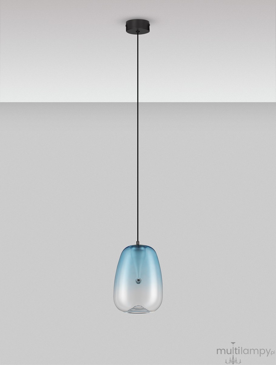 Lampa wisząca Jarevia z kloszem w kształcie kropli, w kolorze jasnoniebieskim, zawieszona na czarnym kablu. Stylowy design z metalowym mocowaniem sufitowym. Źródło światła LED 3W. Idealna do nowoczesnych wnętrz.