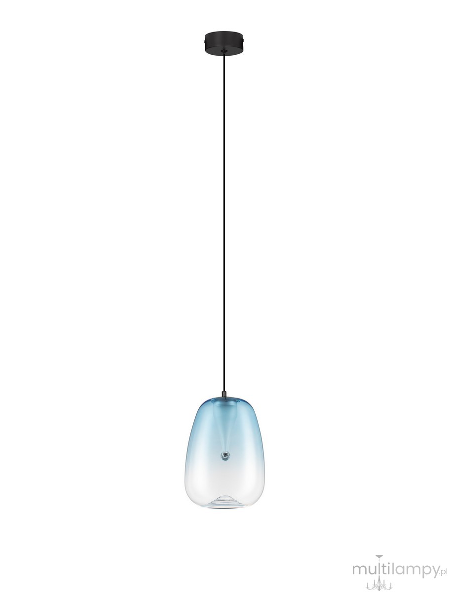 Lampa wisząca Jarevia z jedną żarówką LED 3W, w kolorze czarnym z jasnoniebieskim kloszem. Posiada owalny kształt i jest zawieszona na cienkim czarnym przewodzie, w minimalistycznym stylu. Tło białe, co podkreśla jej kolorystykę.