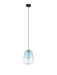 Lampa wisząca Jarevia z jedną żarówką LED 3W, w kolorze czarnym z jasnoniebieskim kloszem. Posiada owalny kształt i jest zawieszona na cienkim czarnym przewodzie, w minimalistycznym stylu. Tło białe, co podkreśla jej kolorystykę.