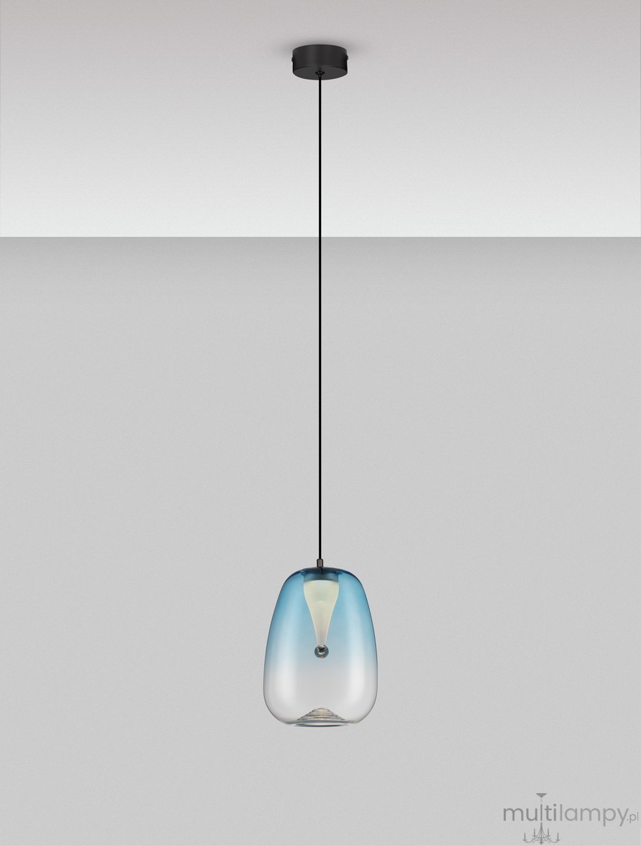 Lampa wisząca Jarevia z akrylowym kloszem w jasnoniebieskim kolorze, zawieszona na czarnym przewodzie. Kształt klosza lekko zaokrąglony, z widoczną żarówką LED 3W w środku. Prosta konstrukcja, idealna do nowoczesnych wnętrz.
