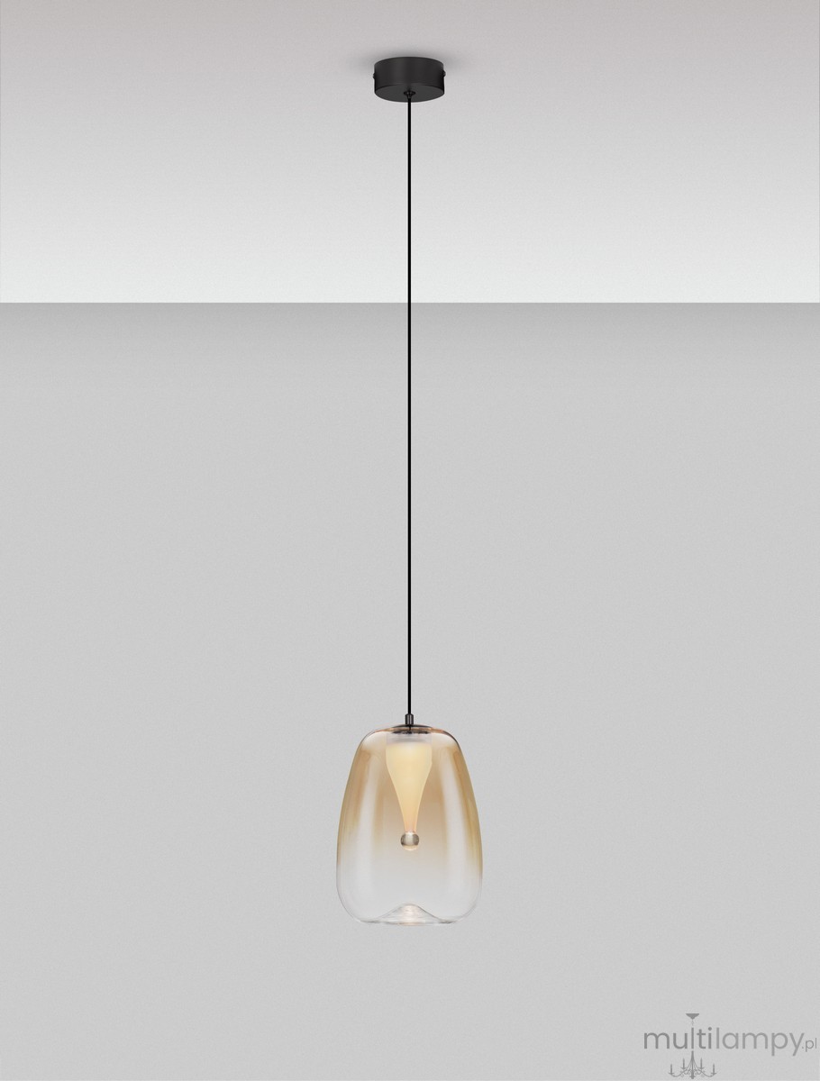 Lampa wisząca Jarevia 1xLED 3W w kolorze czarnym z bursztynowym kloszem. Posiada przezroczystą, zaokrągloną formę z centralnym źródłem światła. Zawieszona na cienkim, czarnym przewodzie, montowana do sufitu. Idealna do nowoczesnych wnętrz.