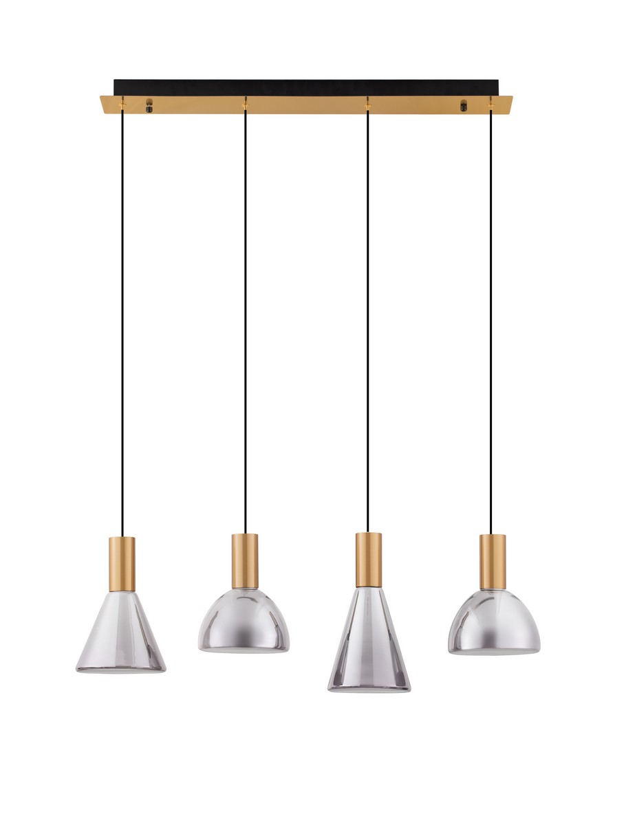 Lampa wisząca Sarduno z czterema kloszami LED 27W w przydymionym szarym kolorze, z metalowymi złotymi elementami. Klosze mają różne kształty: stożkowy, kulisty i półkulisty, zawieszone na czarnych przewodach. Montaż sufitowy.