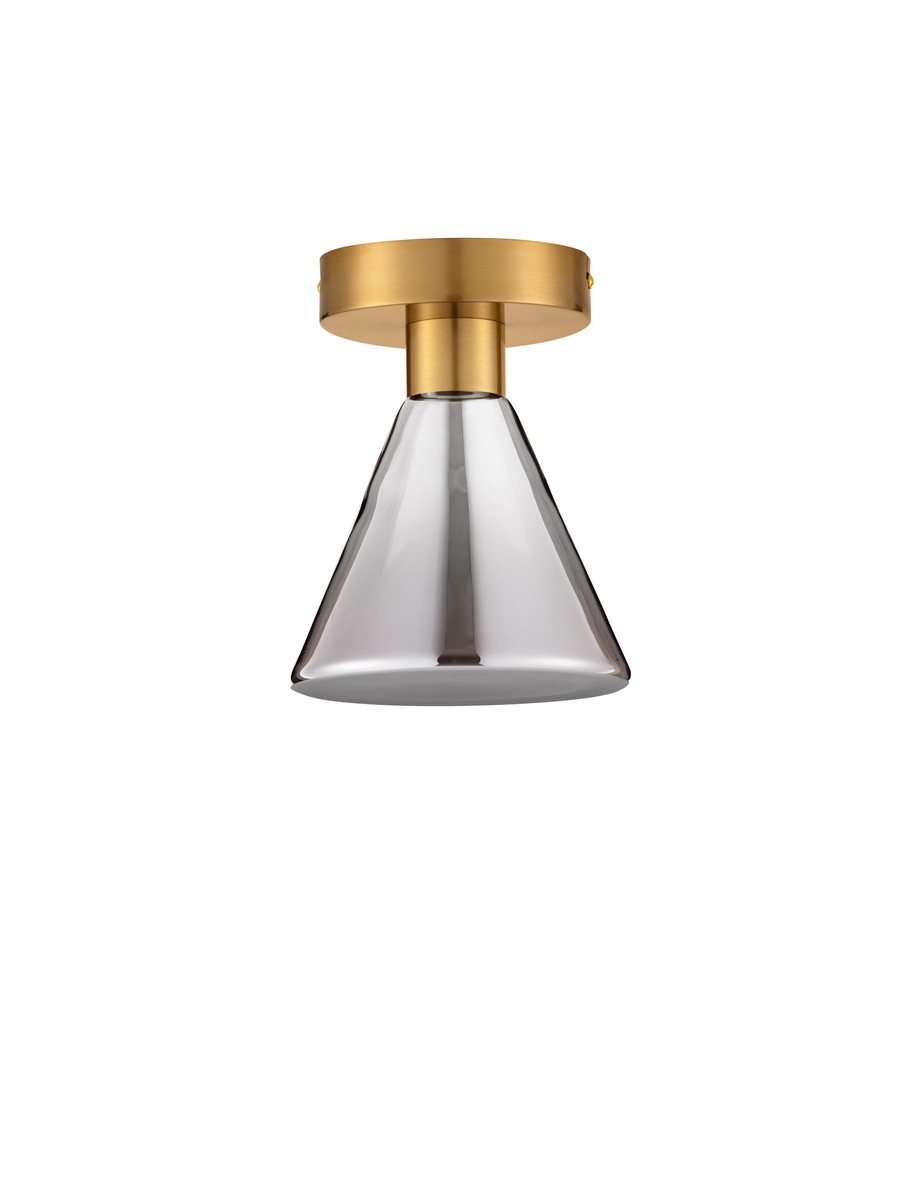Lampa sufitowa Sarduno 1xLED 8W w kolorze złotym z przydymionym szarym kloszem w kształcie stożka. Ujęcie frontalne, montowana na suficie, z metalowym wykończeniem. Idealna do nowoczesnych wnętrz.