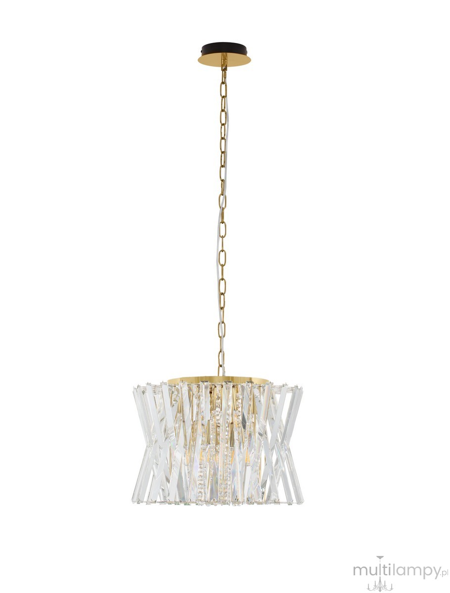Lampa wisząca Melunto w kolorze satynowego mosiądzu, z osłoną z przezroczystych kryształów, posiadająca osiem gniazd E14. Montowana na łańcuszku, wykończona eleganckim detalem, idealna do nowoczesnych wnętrz.