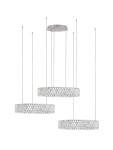 Lampa wisząca Canlira z trzema kloszami LED w kolorze niklowym. Klosze mają okrągły kształt, wykonane z przezroczystego materiału z teksturą, zawieszone na cienkich linkach. Sufitowa podsufitka w kolorze niklu.